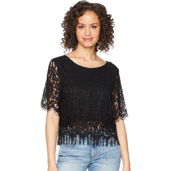 Romeo & Juliet Couture Tops - Romeo & Juliet Couture Lace Layered Fringe Short Sleeve Crop Top, Size S